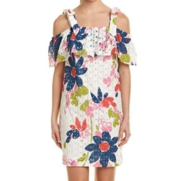 Trina Turk Floral Lace Mini Dress 10 White Pink Ruffle Cold Shoulder Tropical - Picture 1 of 8